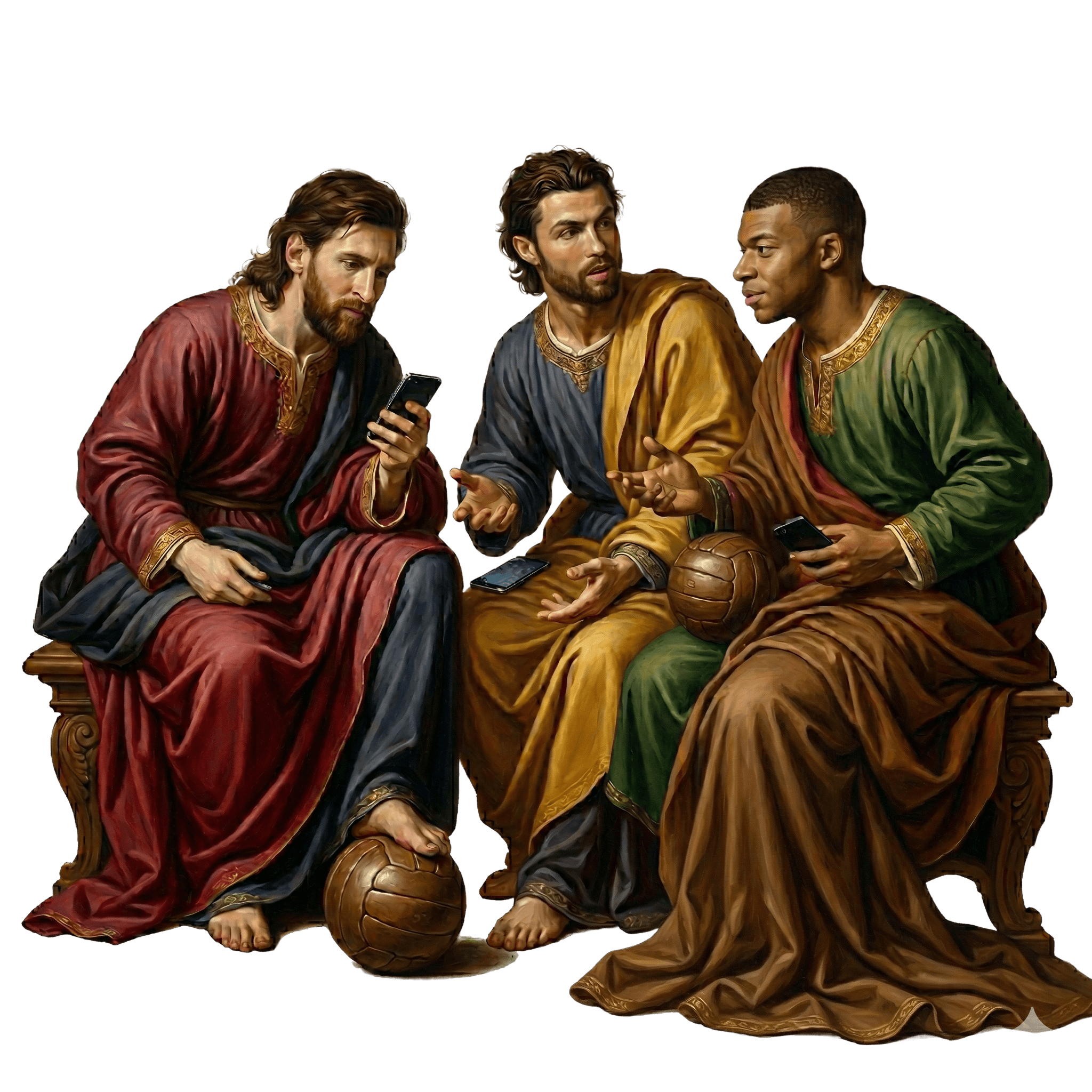 Renaissance-style football legends discussing strategy